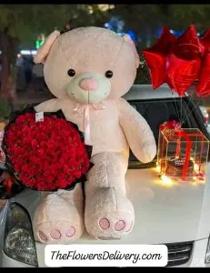 Valentines Teddy Bear and Flowers Lahore - TheFlowersDelivery.com