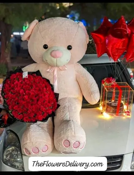 Valentines Teddy Bear and Flowers Lahore - TheFlowersDelivery.com