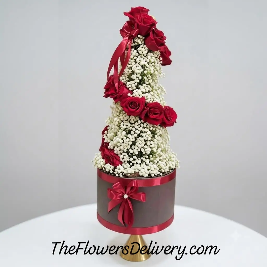 Roses and Baby Breath Flowers Box Delivery Lahore - TheFlowersDelivery.com